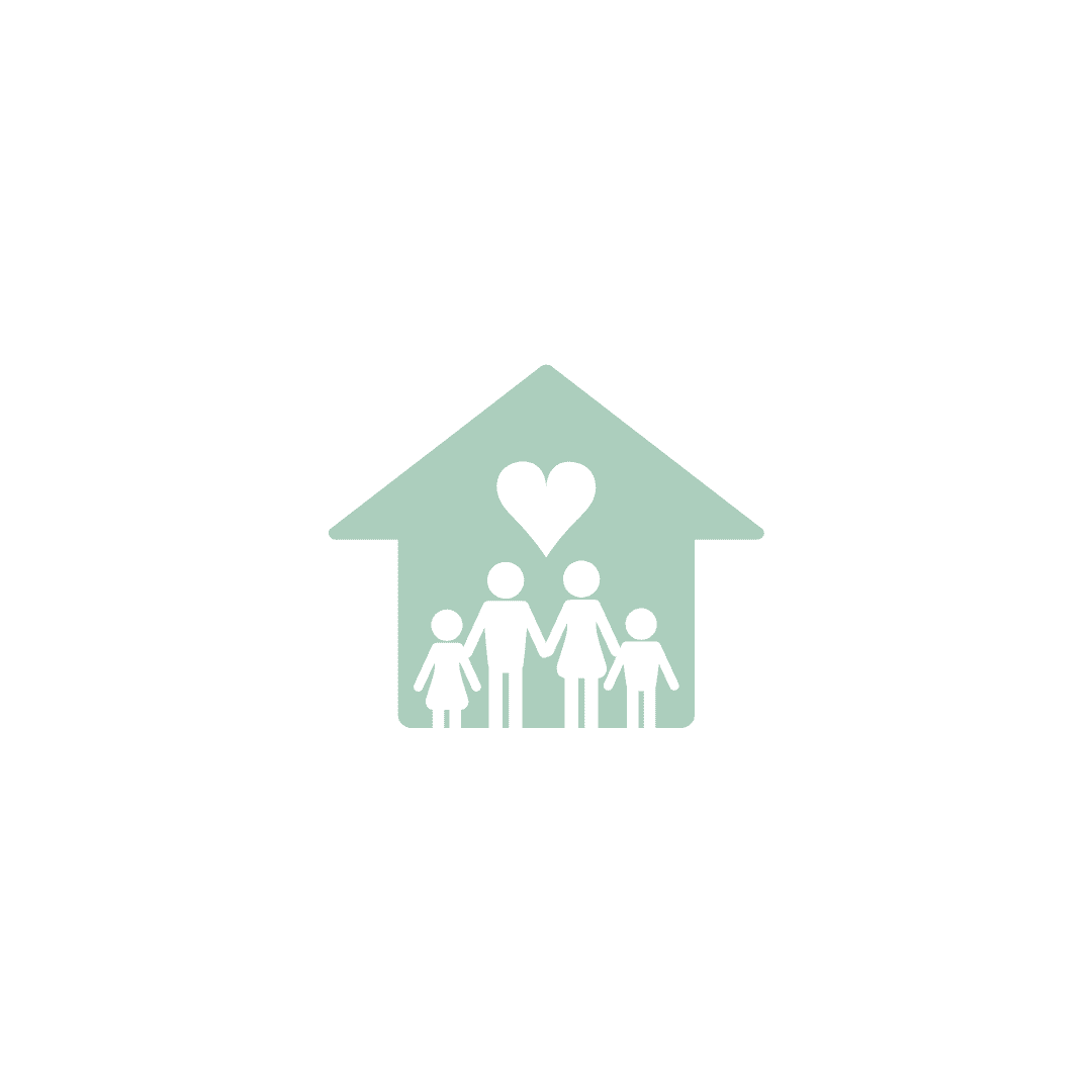 Green house icon with four outlines of people inside