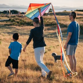 Family outside flying a kite