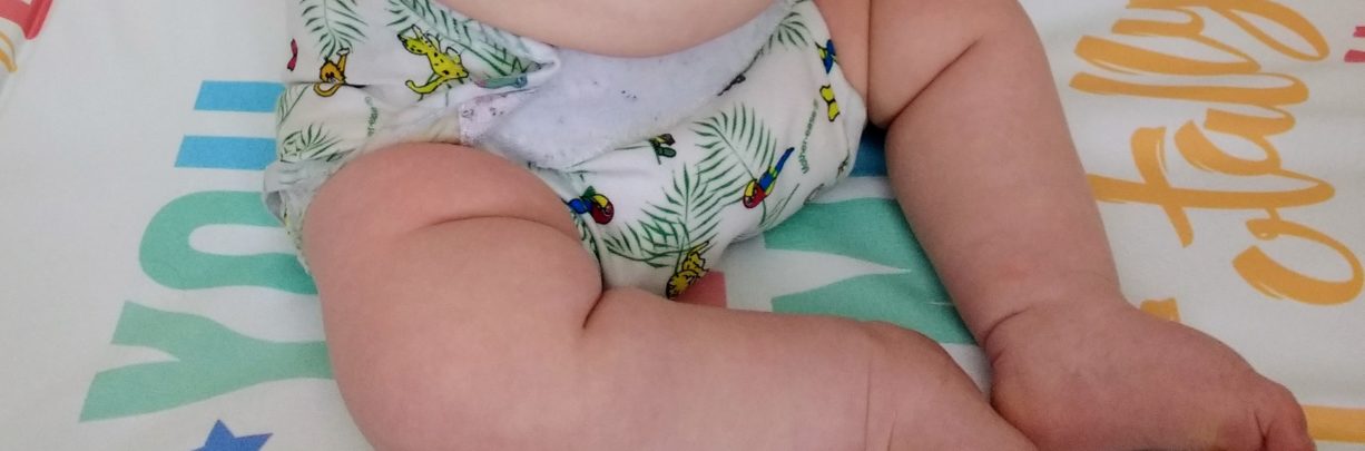 Close up of a reusable nappy on a baby
