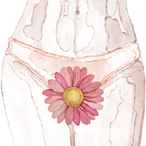 A drawing of a woman's lower body with a flower over her crotch