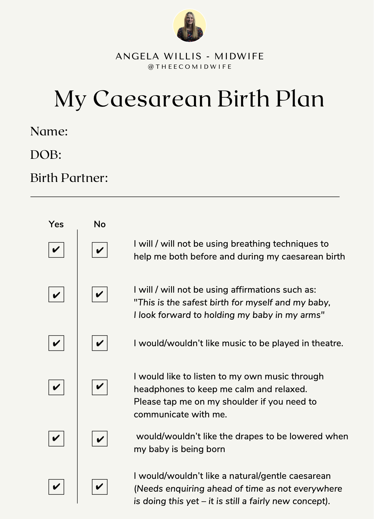 Caesarean Section – Birth Preferences Template